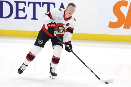 Dec 28, 2024; Winnipeg, Manitoba, CAN; Ottawa Senators left wing Brady Tkachuk (7) warms up before a game against the Winnipeg Jets at Canada Life Centre.