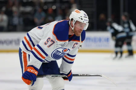 Apr 7, 2026; Salt Lake City, Utah, USA; Edmonton Oilers center Connor McDavid (97) warms up before a game against the Utah Mammoth at Delta Center.