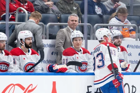 Apr 12, 2026; Elmont, New York, USA; Montr�al Canadiens head coach Martin St. Louis before the first period against the New York Islanders at UBS Arena