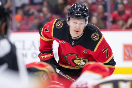 Apr 9, 2026; Ottawa, Ontario, CAN; Ottawa Senators left wing Brady Tkachuk (7) gets in position for a face off in the first period against the Florida Panthers at the Canadian Tire Centre.