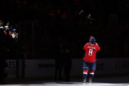 Apr 12, 2026; Washington, District of Columbia, USA; Washington Capitals left wing Alex Ovechkin (8) salutes the fans after being named number one star of the game against the Pittsburgh Penguins in the Capitals season home finale at Capital One Arena.