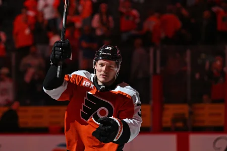 Apr 14, 2026; Philadelphia, Pennsylvania, USA; Philadelphia Flyers right wing Matvei Michkov (39) acknowledges the crowd after being named first star of the game against the Montr�al Canadiens at Xfinity Mobile Arena.