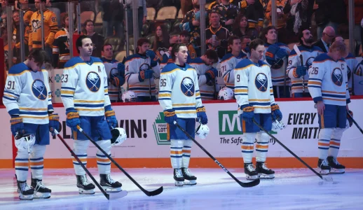 Mar 5, 2026; Pittsburgh, Pennsylvania, USA; Buffalo Sabres starting line-up including right wing Josh Doan (91) and defenseman Mattias Samuelsson (23) and center Noah Ostlund (86) and center Josh Norris (9) and defenseman Rasmus Dahlin (26) stand for the national anthem against the Pittsburgh Penguins at PPG Paints Arena. :