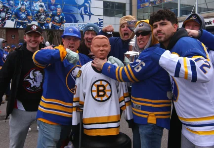 Apr 19, 2026; Buffalo, New York, USA; Fans waits for the doors to open prior to a game between the Buffalo Sabres and the Boston Bruins in game one of the first round of the 2026 Stanley Cup Playoffs at KeyBank Center.
