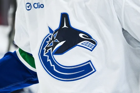 Jan 12, 2026; Montreal, Quebec, CAN; View of a Vancouver Canucks logo on a jersey worn by a member of the team during the second period at Bell Centre.