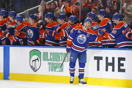 Apr 13, 2026; Edmonton, Alberta, CAN; The Edmonton Oilers celebrate a goal scored by forward Connor McDavid (97) during the second period against the Colorado Avalanche.Rogers Place.
