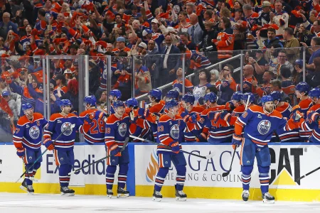 Apr 28, 2026; Edmonton, Alberta, CAN; The Edmonton Oilers celebrate after a goal scored by forward Leon Draisaitl (29) during the second period against the Anaheim Ducks in game five of the first round of the 2026 Stanley Cup Playoffs at Rogers Place.: