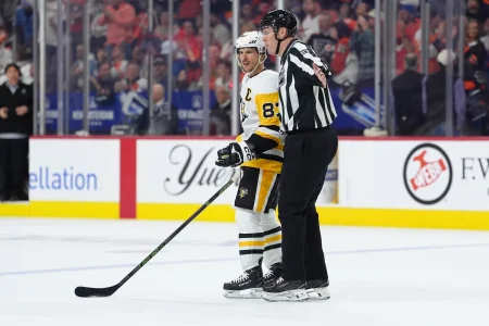 Apr 29, 2026; Philadelphia, Pennsylvania, USA; Pittsburgh Penguins center Sidney Crosby (87) reacts against the Philadelphia Flyers in the first period in game six of the first round of the 2026 Stanley Cup Playoffs at Xfinity Mobile Arena