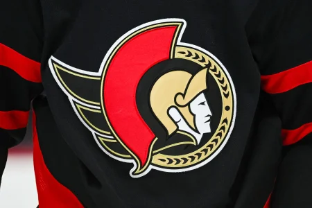 Jan 31, 2026; Ottawa, Ontario, CAN; View of a Ottawa Senators logo on a jersey worn by a member of the team against the New Jersey Devils during the second period at Canadian Tire Centre.