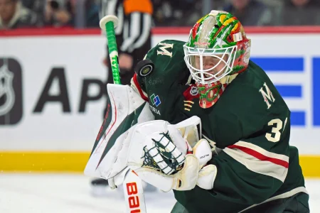 Apr 30, 2026; Saint Paul, Minnesota, USA; Minnesota Wild goalie Jesper Wallstedt (30) makes a save against the Dallas Stars during the first period in game six of the first round of the 2026 Stanley Cup Playoffs at Grand Casino Arena.