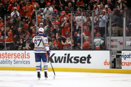 Apr 24, 2026; Anaheim, California, USA; Edmonton Oilers center Connor McDavid (97) heads to a penalty box during the third period against the Anaheim Ducks in game three of the first round of the 2026 Stanley Cup Playoffs at Honda Center.