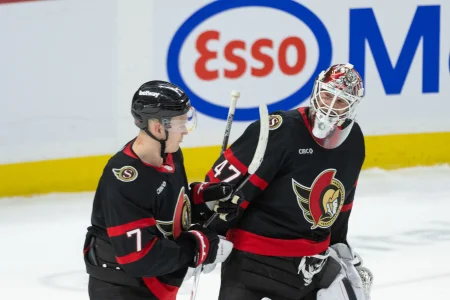 Mar 19, 2026; Ottawa, Ontario, CAN; Ottawa Senators left wing Brady Tkachuk (7) and goalie James Reimer (47) share a moment forllowing their win against the New York Islanders at the Canadian Tire Centre.
