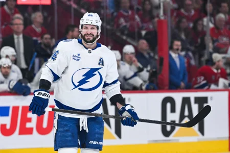 Apr 26, 2026; Montreal, Quebec, CAN; Tampa Bay Lightning right wing Nikita Kucherov (86) smirks against the Montreal Canadiens during the second period in game four of the first round of the 2026 Stanley Cup Playoffs at Bell Centre.
