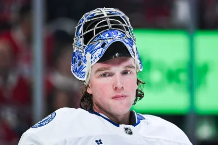 26 avril 2026 ; Montr�al, Qu�bec, Canada ; Le gardien du Lightning de Tampa Bay, Andrei Vasilevskiy (88), observe le jeu face aux Canadiens de Montr�al au cours de la troisi�me p�riode du quatri�me match du premier tour des s�ries �liminatoires de la Coupe Stanley 2026, au Centre Bell.