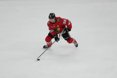 Apr 15, 2026; Chicago, Illinois, USA; Chicago Blackhawks center Connor Bedard (98) skates a against the San Jose Sharks during the second period at United Center.