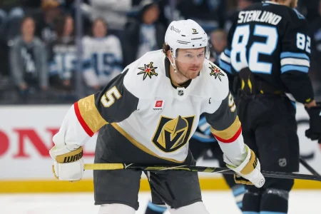 Apr 27, 2026; Salt Lake City, Utah, USA;Vegas Golden Knights defenseman Jeremy Lauzon (5) warms up before a game against the Utah Mammoth in game four of the first round of the 2026 Stanley Cup Playoffs at Delta Center