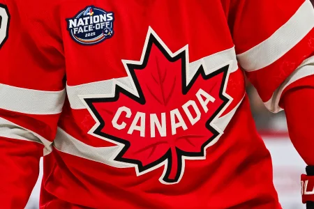Feb 12, 2025; Montreal, Quebec, CAN; [Imagn Images direct customers only] View of a Team Canada logo on a jersey worn by a member of the team during a 4 Nations Face-Off ice hockey game at Bell Centre.