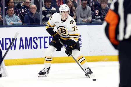 Mar 29, 2026; Columbus, Ohio, USA; Boston Bruins left wing Lukas Reichel (75) looks to pass against the Columbus Blue Jackets during the first period at Nationwide Arena. Mandatory Credit: Russell LaBounty-Imagn Images