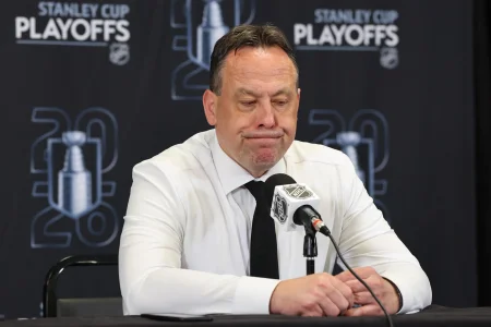May 1, 2026; Boston, Massachusetts, USA; Boston Bruins head coach Marco Sturm looks down during a press conference following their 4-1 loss to the Buffalo Sabres in game six of the first round of the 2026 Stanley Cup Playoffs at TD Garden.