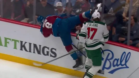Cale Makar Marcus Foligno hit