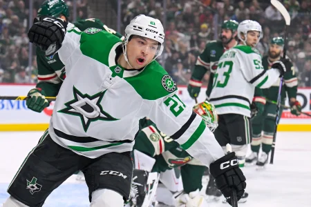 Apr 25, 2026; Saint Paul, Minnesota, USA; Dallas Stars forward Jason Robertson (21) celebrates his power play goal against the Minnesota Wild during the first period in game four of the first round of the 2026 Stanley Cup Playoffs at Grand Casino Arena.