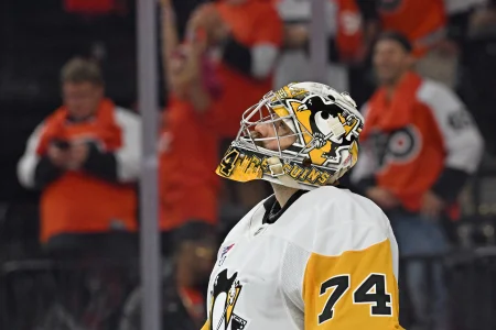 Apr 22, 2026; Philadelphia, Pennsylvania, USA; Pittsburgh Penguins goaltender Stuart Skinner (74) reacts against the Philadelphia Flyers during the third period in game three of the first round of the 2026 Stanley Cup Playoffs at Xfinity Mobile Arena.