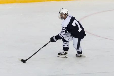 Jan 31, 2026; State College, PA, USA; Penn State Nittany Lions forward Gavin McKenna (72) moves with the puck during the third period against the Michigan State Spartans at Beaver Stadium.