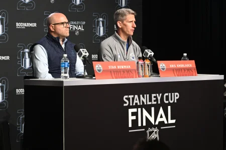 Jun 3, 2025; Edmonton, Alberta, CAN; Edmonton Oilers general manager Stan Bowman along with Oilers head coach Kris Knoblauch are seen during media day in advance of the 2025 Stanley Cup Final at Rogers Place.