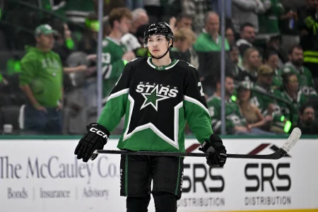 Apr 28, 2026; Dallas, Texas, USA; Dallas Stars left wing Jason Robertson (21) looks on during the third period against the Minnesota Wild in game five of the first round of the 2026 Stanley Cup Playoffs at American Airlines Center.