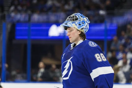 May 3, 2026; Tampa, Florida, USA; Tampa Bay Lightning goalie Andrei Vasilevskiy (88) against the Montreal Canadiens during the second period in game seven of the first round of the 2026 Stanley Cup Playoffs at Benchmark International Arena.