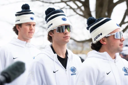 Penn States Gavin McKenna, center, arrives with the team for a Big Ten hockey game against Michigan State at Beaver Stadium on January 31, 2026, in State College.