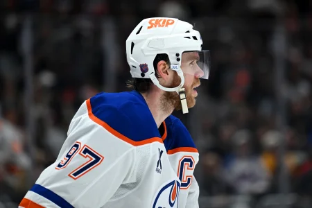 Apr 11, 2026; Los Angeles, California, USA; Edmonton Oilers center Connor McDavid (97) reacts against the Los Angeles Kings during the third period at Crypto.com Arena. Mandatory Credit: Griffin Hooper-Imagn Images