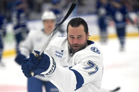 Mar 7, 2026; Toronto, Ontario, CAN; Tampa Bay Lightning defenseman Victor Hedman (77) warms up before playing the Toronto Maple Leafs at Scotiabank Arena.