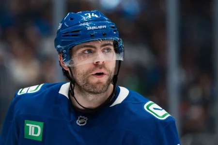 Apr 14, 2026; Vancouver, British Columbia, CAN; Vancouver Canucks forward Jake DeBrusk (74) during a stop in play against the Los Angeles Kings in the third period at Rogers Arena.