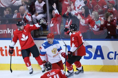 Sep 24, 2016; Toronto, Ontario, Canada; Team Canada centre Sidney Crosby (87) celebrates his first period goal against Team Russia with teammate Shea Weber (6) during a semifinal game in the 2016 World Cup of Hockey at Air Canada Centre.