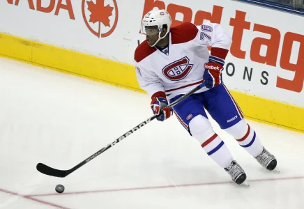 Feb 11, 2012; Toronto, ON, Canada; Montreal Canadiens defenseman PK Subban (76) retrieves the puck against the Toronto Maple Leafs at the Air Canada Centre. The Canadiens beat the Maple Leafs 5-0.