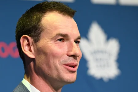 May 4, 2026; Toronto, Ontario, CANADA; Toronto Maple Leafs general manager John Chayka speaks to the media during an introductory news conference at Real Sports Bar.