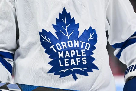 Jan 18, 2025; Montreal, Quebec, CAN; View of a Toronto Maple Leafs logo on a jersey worn by a member of the team during the second period at Bell Centre.