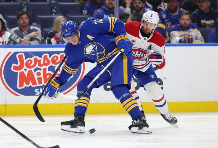 May 8, 2026; Buffalo, New York, USA; Buffalo Sabres center Tage Thompson (72) looks to control the puck as Montréal Canadiens defenseman Mike Matheson (8) defends during the second period in game two of the second round of the 2026 Stanley Cup Playoffs at KeyBank Center.