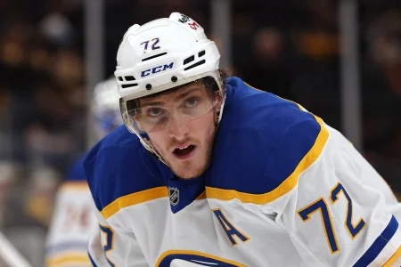 May 1, 2026; Boston, Massachusetts, USA; Buffalo Sabres center Tage Thompson (72) during the third period of game six of the first round of the 2026 Stanley Cup Playoffs against the Boston Bruins at TD Garden.