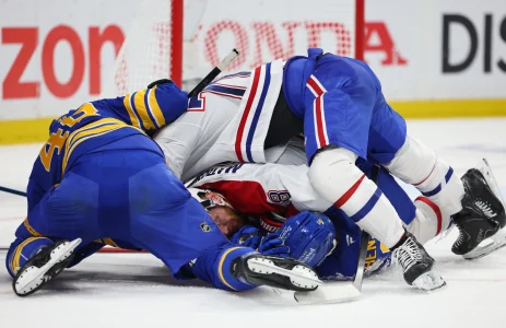 May 8, 2026; Buffalo, New York, USA; Buffalo Sabres and Montréal Canadiens players get into a scrum after the whistle during the second period in game two of the second round of the 2026 Stanley Cup Playoffs at KeyBank Center.