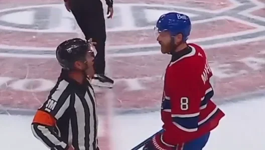 Mike Matheson talks to the ref