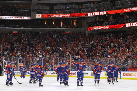 Apr 28, 2026; Edmonton, Alberta, CAN; The Edmonton Oilers celebrate a 4-1 win over the Anaheim Ducks in game five of the first round of the 2026 Stanley Cup Playoffs at Rogers Place.: