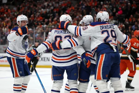Apr 24, 2026; Anaheim, California, USA; Edmonton Oilers right wing Vasily Podkolzin (92) celebrates with teammates after scoring a goal during the first period against the Anaheim Ducks in game three of the first round of the 2026 Stanley Cup Playoffs at Honda Center.