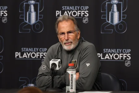 May 1, 2026; Salt Lake City, Utah, USA; Vegas Golden Knights head coach John Tortorella addresses the media after game six of the first round of the 2026 Stanley Cup Playoffs against the Utah Mammoth at Delta Center.