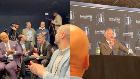 Scène lors du point de presse de Martin St-Louis, impliquant le journaliste Renaud Lavoie, de TVA Sports.