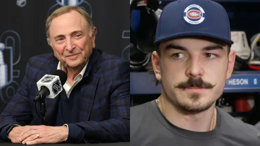 24 avril 2026 ; Salt Lake City, Utah, États-Unis ; Gary Bettman, commissaire de la LNH, sadresse aux médias avant le troisième match du premier tour des séries éliminatoires de la Coupe Stanley 2026, opposant le Mammoth de lUtah aux Golden Knights de Vegas au Delta Center.