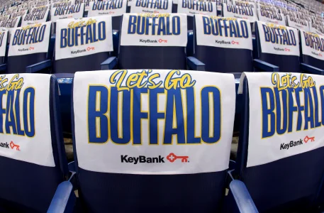 2026; Buffalo, New York, USA; A general view of the towels that fans will receive during a game between the Buffalo Sabres and the Boston Bruins in game five of the first round of the 2026 Stanley Cup Playoffs at KeyBank Center.