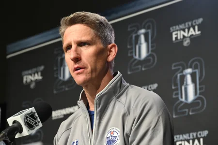Jun 3, 2025; Edmonton, Alberta, CAN; Edmonton Oilers head coach Kris Knoblauch is seen during media day in advance of the 2025 Stanley Cup Final at Rogers Place.