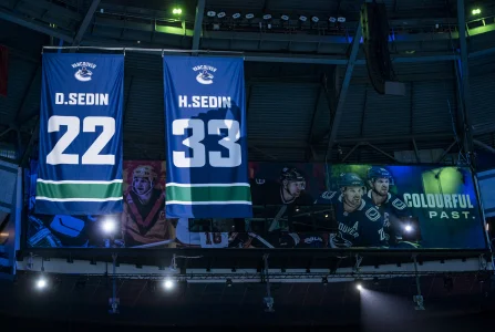 Feb 12, 2020; Vancouver, British Columbia, CAN; Twin brothers Daniel Sedin (22) and Henrik Sedin (33) of Sweden have their Vancouver Canucks jerseys retired to the rafters of Rogers Arena in a ceremony prior to a game between the Vancouver Canucks and Chicago Blackhawks.